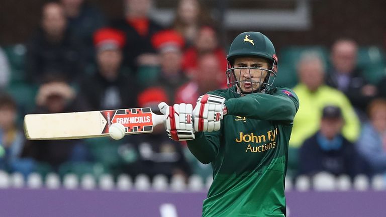 LEICESTER, ENGLAND - AUGUST 02:  Alex Hales of Nottinghamshire hits the ball to the boundary during the NatWest T20 Blast match between Leicestershire Foxe