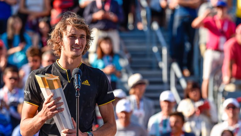 MONTREAL, QC - AUGUST 13:  Alexander Zverev of Germany addresses the fans after defeating Roger Federer of Switzerland 6-3, 6-4 in the final during day ten