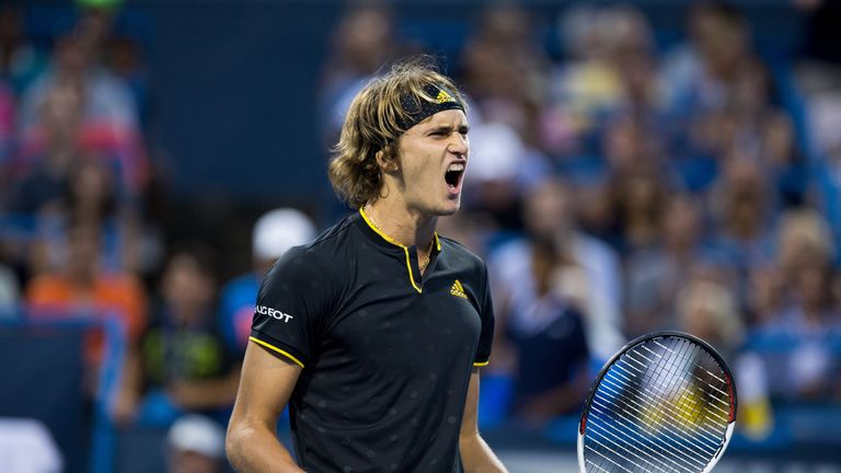 WASHINGTON, DC - AUGUST 05:  Alexander Zverev of Germany competes Kei Nishikori of Japan at William H.G. FitzGerald Tennis Center on August 5, 2017 in Wash