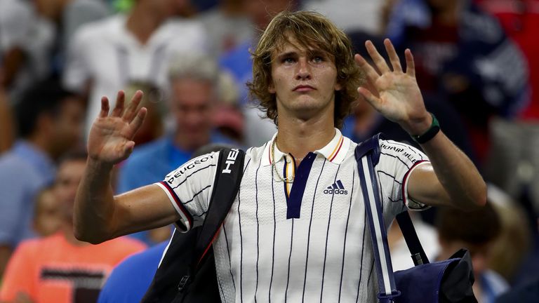 NEW YORK, NY - AUGUST 30:  Alexander Zverev of Germany reacts after playing Borna Coric of Croatia in their second round Men's Singles match on Day Three o
