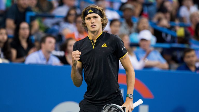 WASHINGTON, DC - AUGUST 05:  Alexander Zverev of Germany competes Kei Nishikori of Japan at William H.G. FitzGerald Tennis Center on August 5, 2017 in Wash