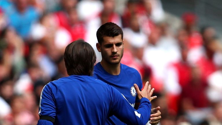 LONDON, ENGLAND - AUGUST 06: Antonio Conte, Manager of Chelsea and Alvaro Morata of Chelsea shake hands during the The FA Community Shield final between Ch