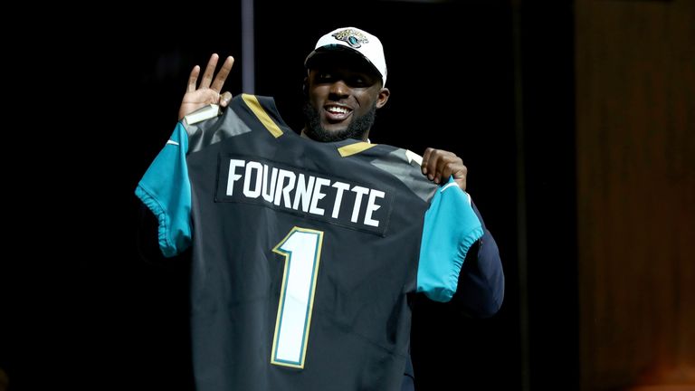 Leonard Fournette of LSU reacts poses after being picked #4 overall by the Jacksonville Jaguars