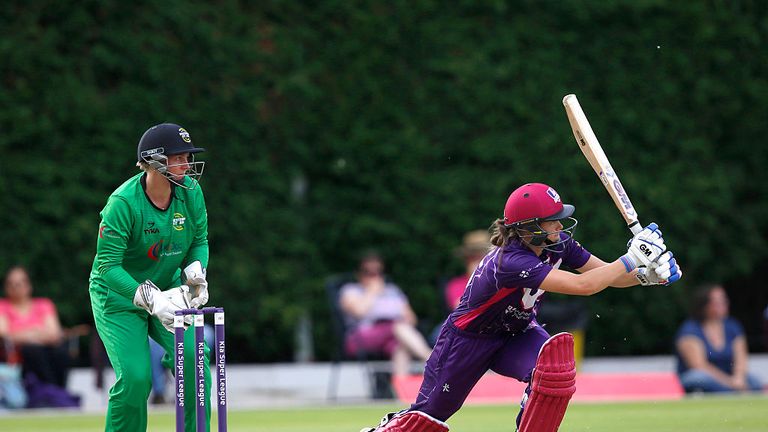 LOUGHBOROUGH, ENGLAND - AUGUST 05: Rachel Priest of Western Storm looks on as Amy Jones of Loughborough Lightning hits out during the Kia Super League wome