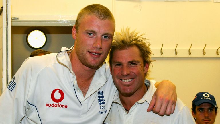 Andrew Flintoff of England and Shane Warne of Australia pose in the Australian dressing room after play as England regain the Ashes