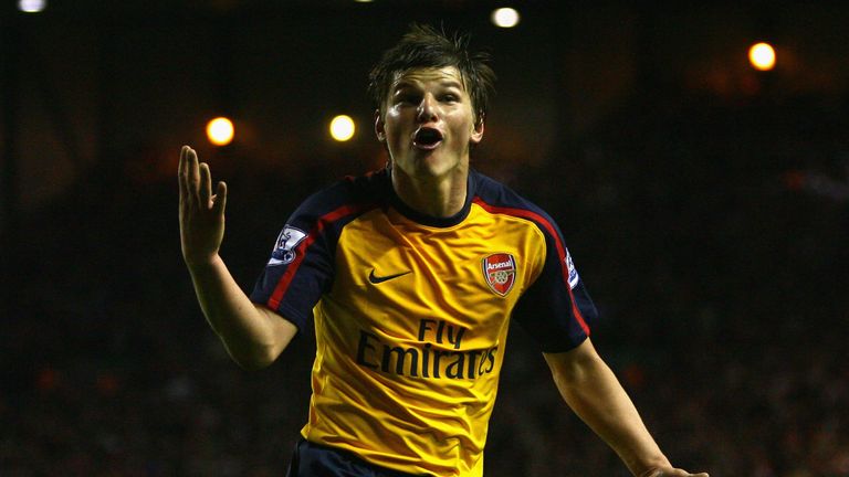 LIVERPOOL, UNITED KINGDOM - APRIL 21:  Andrey Arshavin of Arsenal  celebrates scoring his team's fourth goal during the Barclays Premier League match betwe