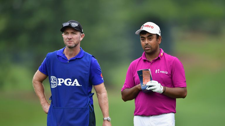 CHARLOTTE, NC - AUGUST 11:  Anirban Lahiri of India and his caddie Mike Kerr on the third hole during the second round of the 2017 PGA Championship at Quai