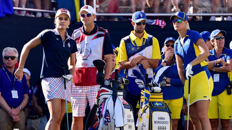 WEST DES MOINES, IA - AUGUST 20:  Anna Nordqvist of Team Europe and Lexi Thompson of Team USA wait to play each other on the first tee during the final day