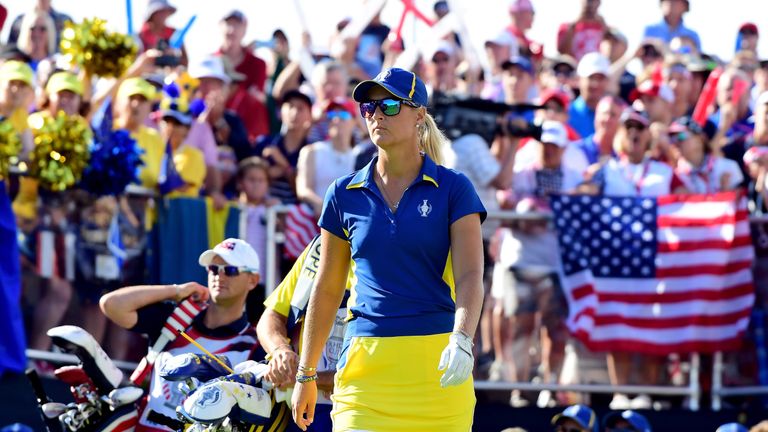 Anna Nordqvist of Team Europe leaves the first tee in her match against Lexi Thompson of Team USA at the Solheim Cup