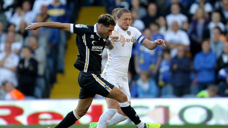 Port Vale's Anton Forrester and Leeds United's Luke Ayling challenge during the Carabao Cup, First Round match at Elland Road, Leeds.