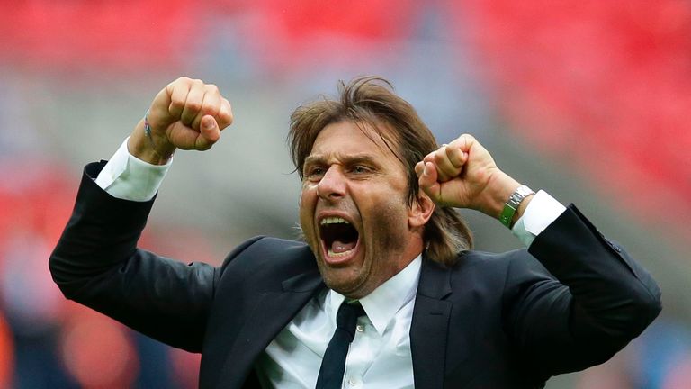 Antonio Conte celebrates Chelsea's 2-1 defeat of Tottenham at Wembley Stadium