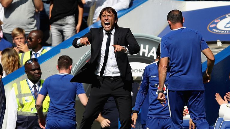 Antonio Conte gives his team instructions during the Premier League match between Chelsea and Everton