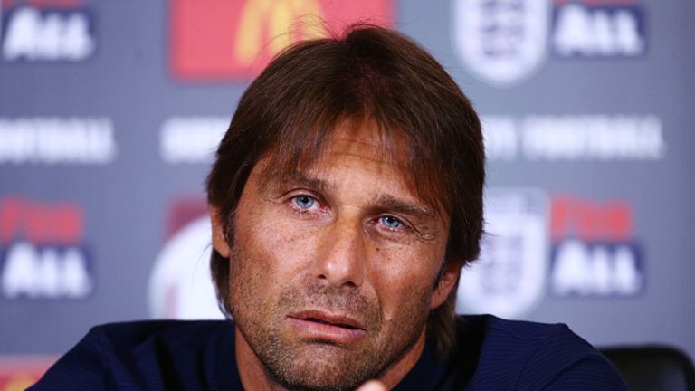 Antonio Conte, manager of Chelsea, talks during a Chelsea Press Conference at Chelsea Training Ground, Cobham on August 4, 2017.