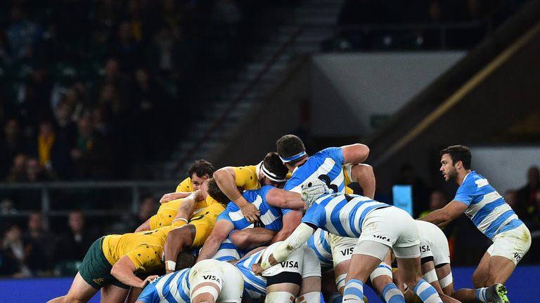 A scrum collapses during the Rugby Championship International test match between Argentina and Australia at Twickenham stadium in south west London on Octo