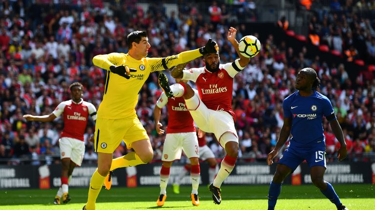 Thibaut Courtois of Chelsea and Alexandre Lacazette of Arsenal colide while both attempting to get to the ball during the The Community Shield
