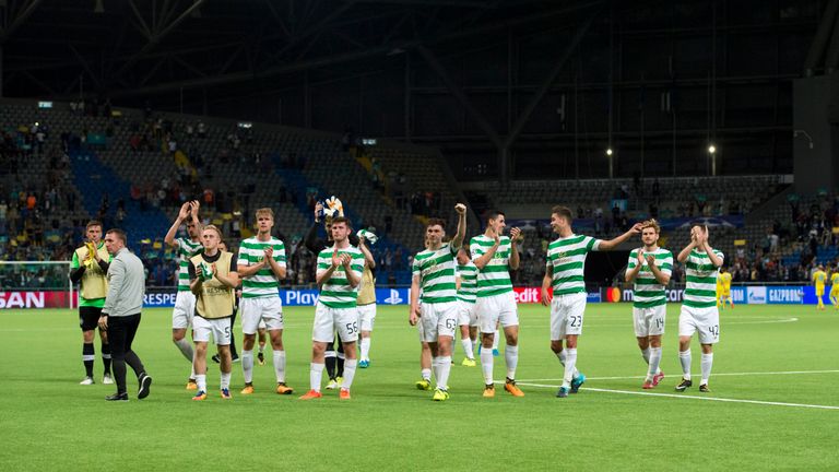 22/08/17 UEFA CHAMPIONS LEAGUE PLAY-OFF 2ND LEG. FC ASTANA v CELTIC . Celtic players celebrate at full-time after making the Champions League group stages