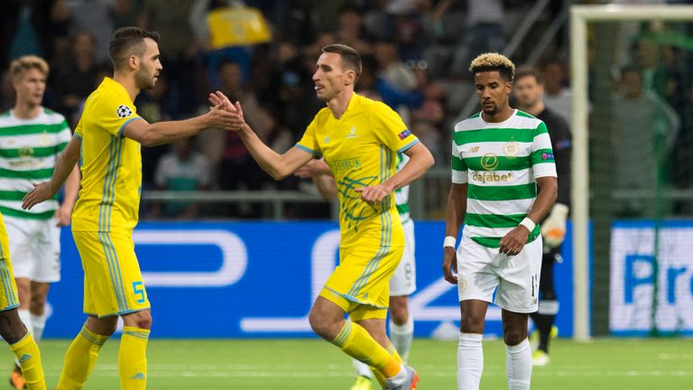 22/08/17 UEFA CHAMPIONS LEAGUE PLAY-OFF 2ND LEG. FC ASTANA v CELTIC. Dejection for Celtic's Scott Sinclair after his side concede a second goal