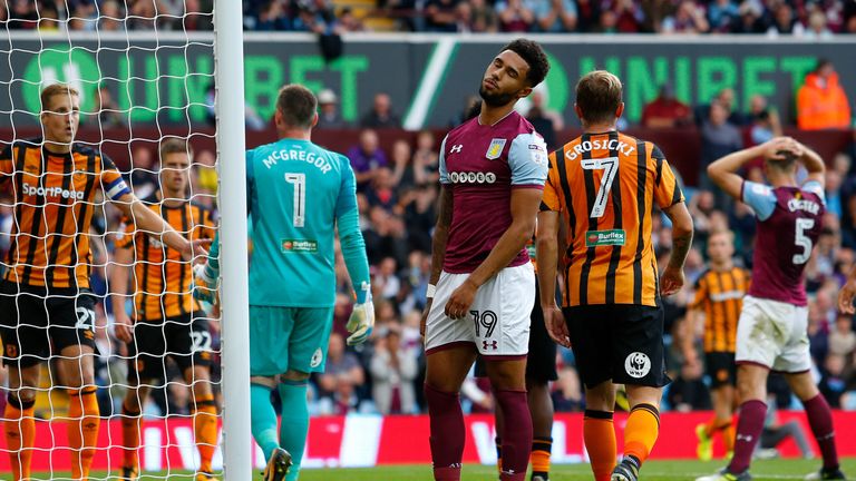 Aston Villa's Andre Green shows his dejected after missing a goal scoring chance during the Sky Bet Championship match at Villa Park, Birmingham.