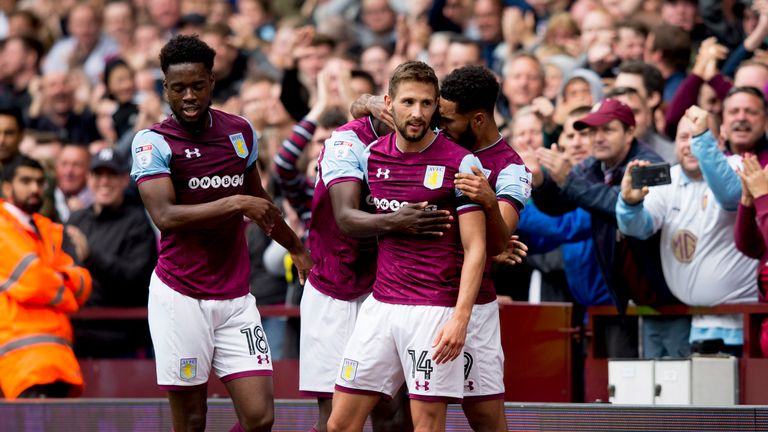 Conor Hourihane celebrates after scoring the opening goal of the game at Villa Park