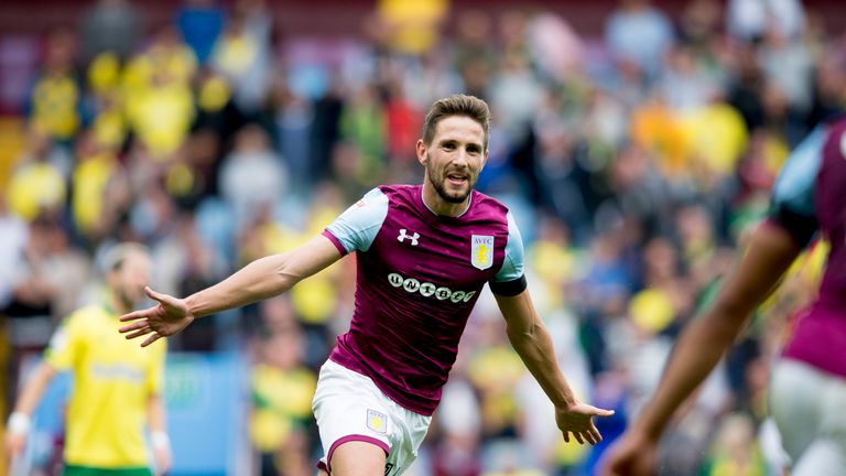 Conor Hourihane scores his second of three for Aston Villa during the Championship match against Norwich City