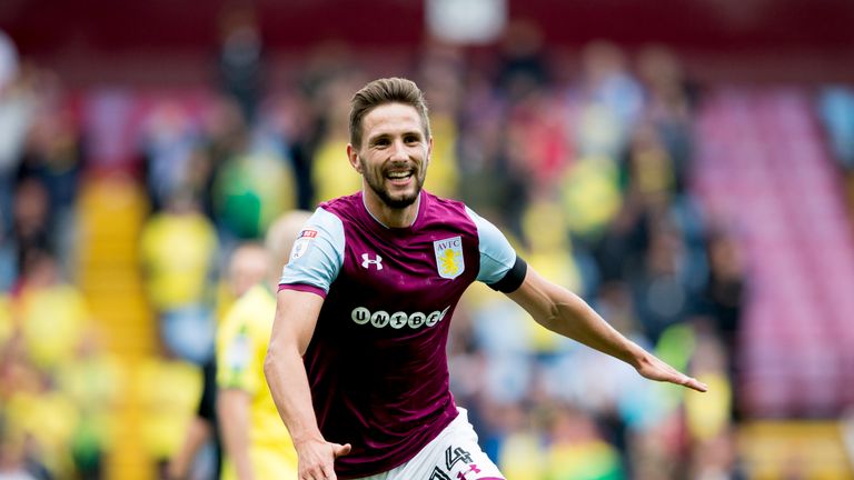 Conor Hourihane celebrates the second of his three goals against Norwich City at Villa Park