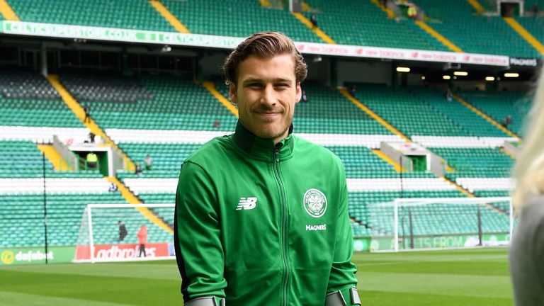 Erik Sviatchenko on crutches at Celtic Park ahead of the first game of the season against Hearts  