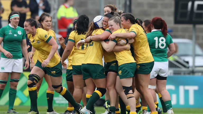 BELFAST, NORTHERN IRELAND - AUGUST 22:  Australia celebrate after their victory during the Women's Rugby World Cup 2017 match between Ireland and Australia