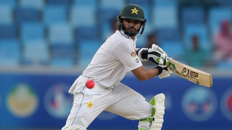 Pakistani batsman Azhar Ali plays a shot on the opening day of the first day-night Test between Pakistan and the West Indies at the Dubai International Cri