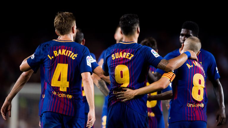 Barcelona celebrate one of their five goals at the Nou Camp