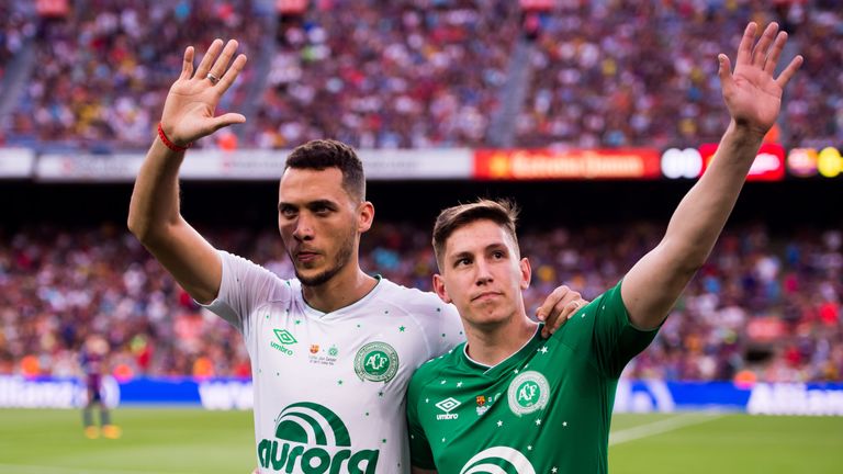 Neto (L) and Follmann (R) of Chapecoense before taking kick-off at the Joan Gamper Trophy match