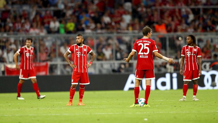 (L) of Muenchen and of Liverpool battle for the ball during the Audi Cup 2017 match between Bayern Muenchen and Liverpool FC at Allianz Arena on August 1, 