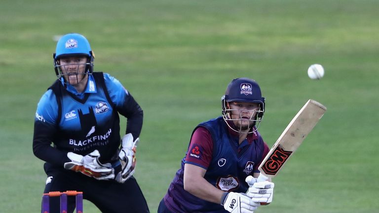 NORTHAMPTON, ENGLAND - JULY 27:  Ben Duckett of Northamptonshire plays a shot during the NatWest T20 Blast match between Northamptonshire Steelbacks and Wo