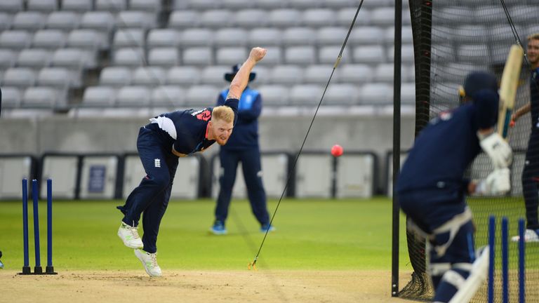 BIRMINGHAM, ENGLAND - AUGUST 14: Ben Stokes of England runs into bowl during the England Net Session at Edgbaston on August 14, 2017 in Birmingham, England