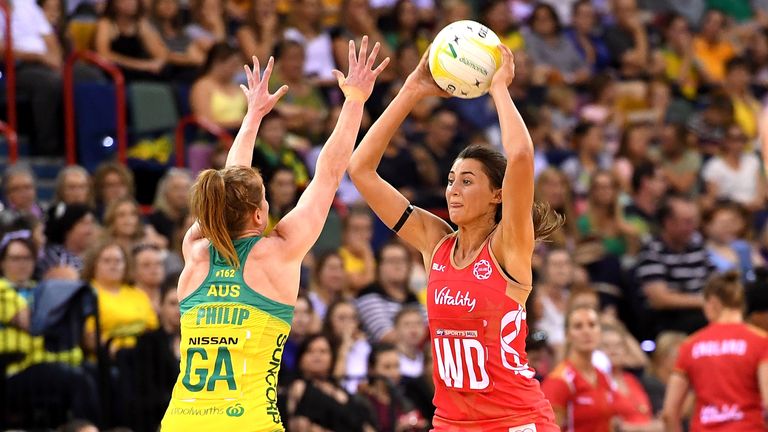 BRISBANE, AUSTRALIA - AUGUST 26: Beth Cobden of the Roses passes the ball during the 2017 Netball Quad Series match between the Australian Diamonds and the