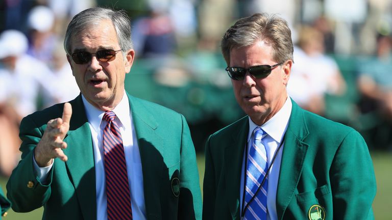 AUGUSTA, GA - APRIL 05:  Augusta National chairman Billy Payne and competition committee chairman Fred Ridley look over the 18th green during a practice ro