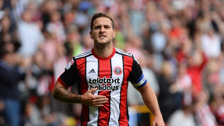 Billy Sharp of Sheffield United celebrates after scoring during the Sky Bet Championship match against Barnsley