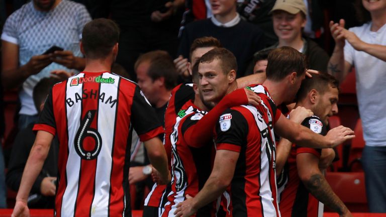 SHEFFIELD, ENGLAND - AUGUST 05: Billy Sharp of Sheffield United celebrates after scoring during the Sky Bet Championship match between Sheffield United and