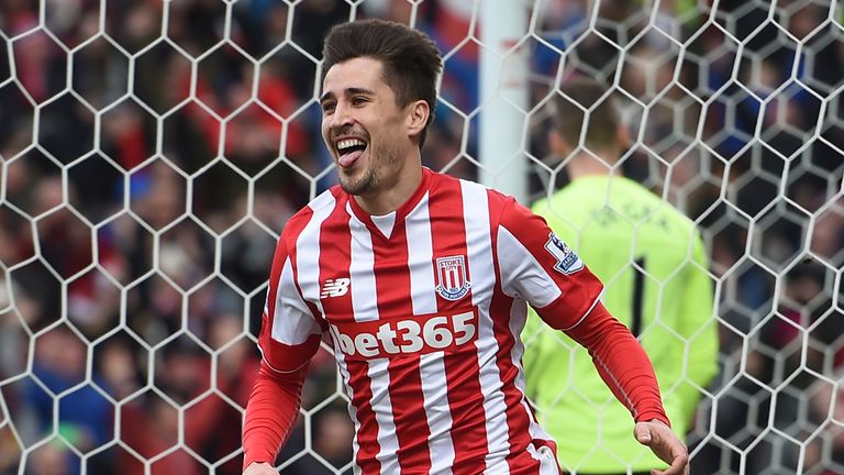 Stoke City's Spanish striker Bojan Krkic celebrates after scoring 