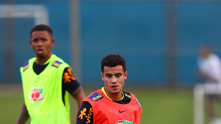 Philippe Coutinho takes part in a Brazil training session at the Gremio team training centre in Porto Ale