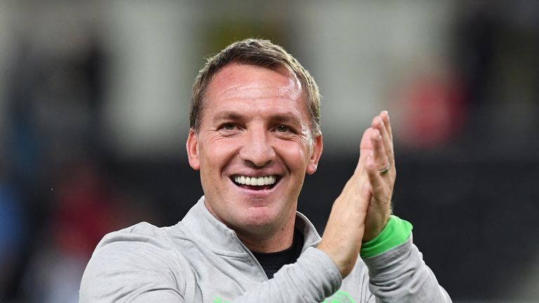Celtic manager Brendan Rodgers applauds the fans at full time in Trondheim