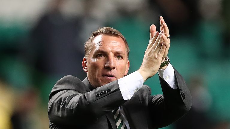 GLASGOW, SCOTLAND - AUGUST 16: Celtic manager Brendan Rodgers celebrates at full time during the UEFA Champions League Qualifying Play-Offs Round First Leg