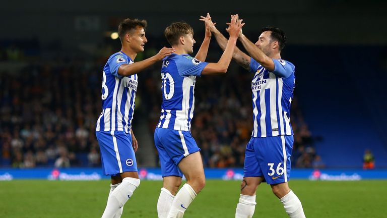 BRIGHTON, ENGLAND - AUGUST 22:  James Tilley of Brighton and Hove Albion celebrates scoring his sides first goal with his team mates during the Carabao Cup