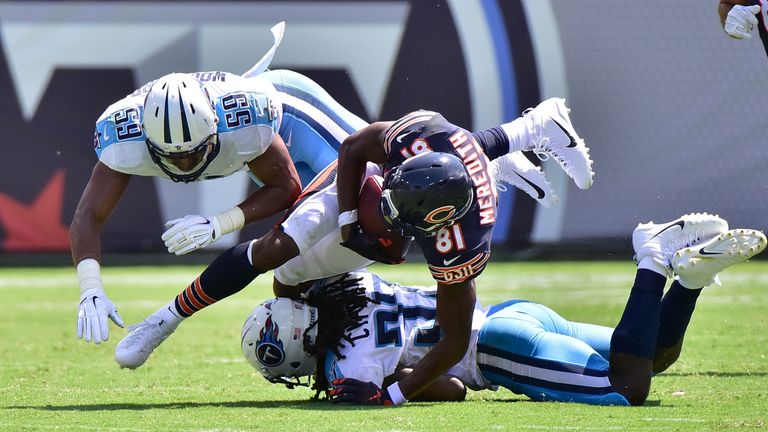 NASHVILLE, TN - AUGUST 27:  Cameron Meredith #81 of the Chicago Bears is injured on a tackle by Wesley Woodyard #59 and Johnathan Cyprien #37 of the Tennes