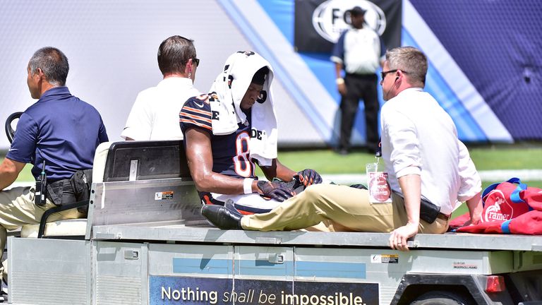 NASHVILLE, TN - AUGUST 27:  Cameron Meredith #81 of the Chicago Bears is carted off the field after being injured by a tackled by the Tennessee Titans duri
