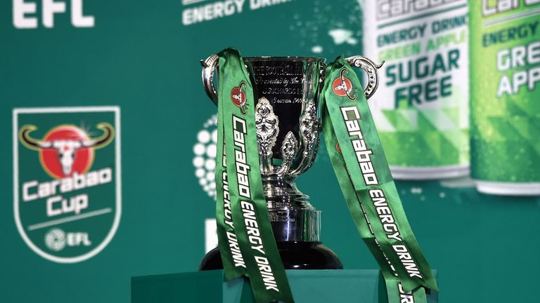 The EFL Carabao Cup is seen during the first draw for the upcoming season&#39;s EFL Cup football tournament at Tawandaeng brewery in Bangkok on June 16, 2017. 
