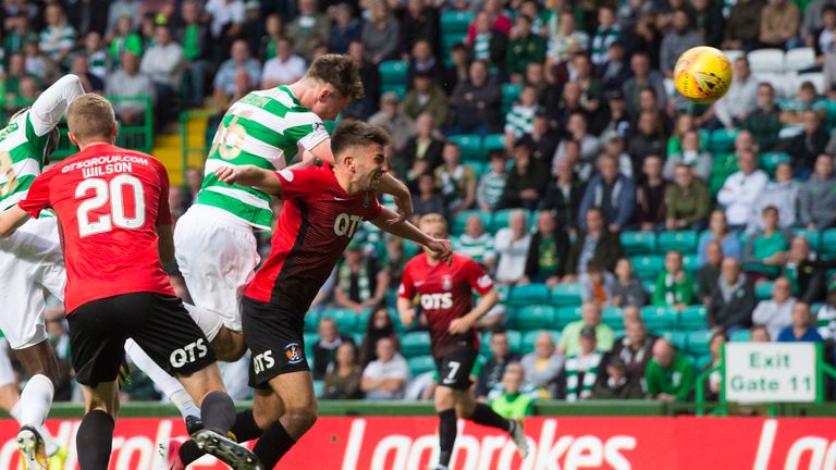 Celtic's Anthony Ralston heads home the second goal