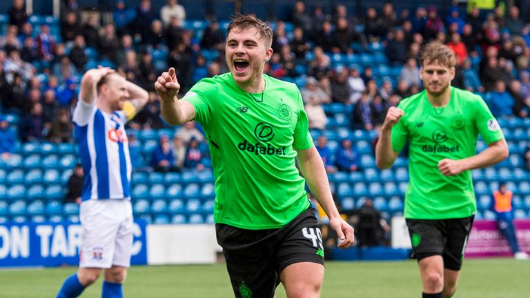 Celtic's James Forrest celebrates scoring the opener at Rugby Park