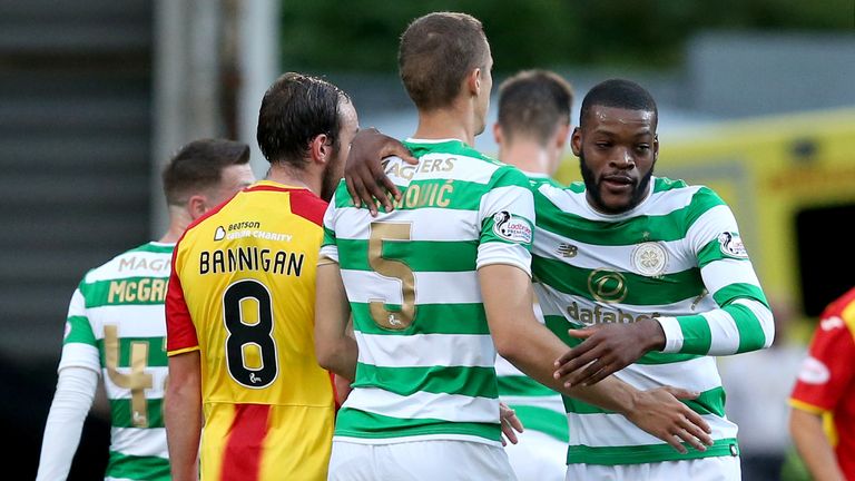 Celtic's Olivier Ntcham celebrates scoring his side's first goal during the Ladbrokes Scottish Premiership match at Firhill Stadium, Glasgow.