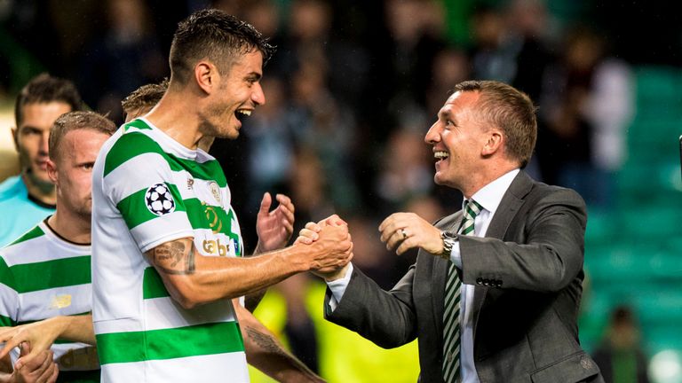 Celtic manager Brendan Rodgers (right) and Nir Bitton at full time after Celtic's 5-0 win against Astana in CL play-off 1st leg.