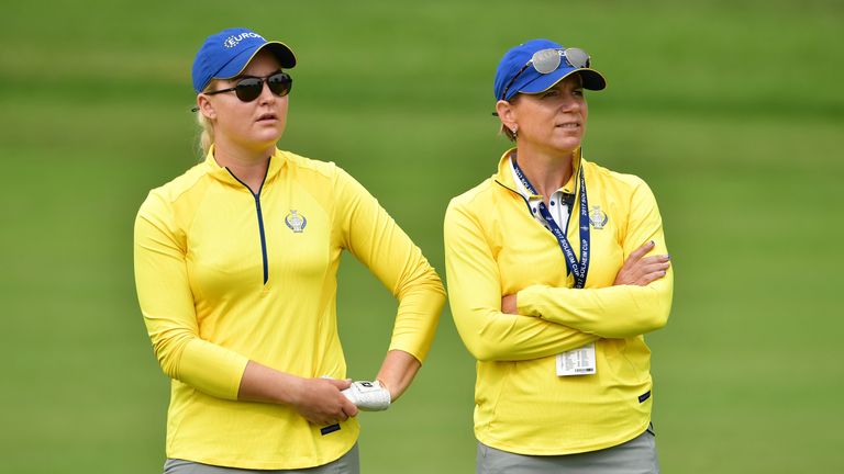 Annika Sorenstam, European Team Captain looks on with Charley Hull of Team Europe during practice for The Solheim Cup
